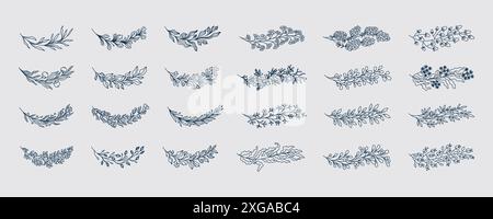 Flower branch. Eucalyptus, olive and rosemary wedding leaf, herb floral plants and linear rustic elements. Decorative isolated botanical objects. Floral design. Frame or border. Vector icons set Stock Vector
