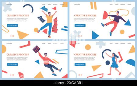 Creative process landing page. Business work brainstorm. Businessman finding innovative idea. Website design template. People with abstract shapes. Creativity challenge. Vector web backgrounds set Stock Vector