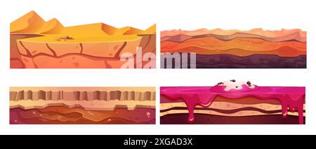 Subterranean layered ground section for game level ui design. Cartoon vector set of cut soil platform with sand and dry land, lava and sweet candyland surface. Seamless floor landscape formation. Stock Vector