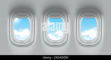 Plane windows with blue sky view. Vector realistic illustration of sun light and cloudscape seen through glass from aircraft cabin, passenger flight, vacation travel, tourism banner background design Stock Vector