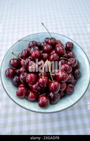 A bowl of red cherries on a check tablecloth. Stock Photo