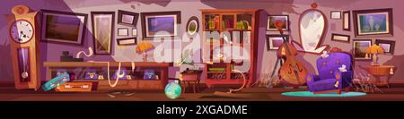 Abandoned antique shop interior. Vector cartoon illustration of destroyed room with old cracked furniture, broken mirror, dusty cobweb on vintage clock, lamp, armchair, bookcase, retro record player Stock Vector