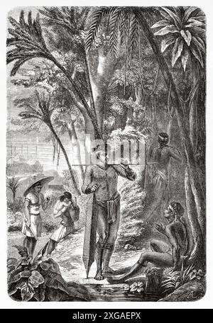 Dyaks peoples n typical dress. Borneo Island, Malaysia, drawing by ...