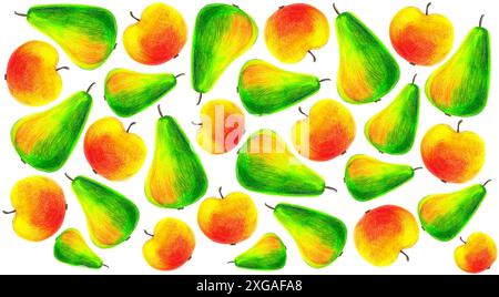 A set of pears and apples of different sizes. Drawing with colored pencils. Different shades of orange, yellow, green colors. The texture of strokes i Stock Photo