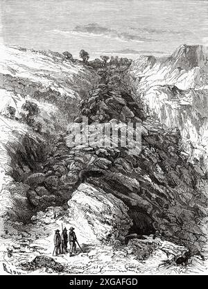 Rocky scenery on Vesuvius vulcan with cooled lavas from Pharaoh's pit, Naples. Italy, drawing by Edouard Riou (1833 - 1900) Walk Around Naples, 1862 by Marc Monnier (1827-1885) Le Tour du Monde 1862 Stock Photo