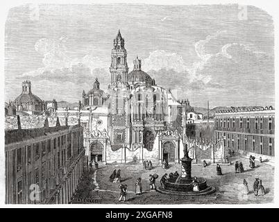 Santo Domingo square, Mexico city, drawing by Enrico Catenacci. Travel in Mexico, 1854-1855 by Ernest Vigneaux. Le Tour du Monde 1862 Stock Photo