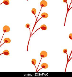 Seamless pattern. Simple Plant. Simple branch and yellow leaves. White background. Decorative ornament in Scandinavian style. Hand drown. Flat vector illustration Stock Vector