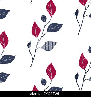 Seamless pattern. Simple Plant. Simple branch and leaves. White background. Decorative ornament in Scandinavian style. Hand drown. Flat vector illustration Stock Vector