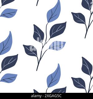 Seamless pattern. Simple Plant. Simple branch blue leaves. White background. Decorative ornament in Scandinavian style. Hand drown. Flat vector illustration Stock Vector