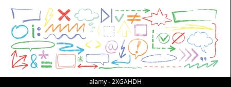 Hand drawn crayon texture emphasis, text highlight. Chalk pencil arrow, speech bubble, underline, stroke, braces, mathematical or punctuation marks. Charcoal checkmarks, message boxes and dotted lines Stock Vector