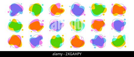 Liquid organic blob shape with irregular forms set in vibrant colors. Colorful simple freeform, asymmetric abstract figures with lines. Random deformed spots. Fluid round amoeba splodges, uneven blots Stock Vector