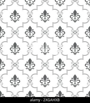 Damask seamless vector pattern. Royal wallpaper. White and gray ornament with royal lily. Stock Vector