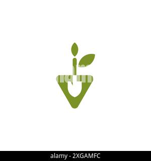 Shovel Letter V Leaf Logo Design. Shovel Plant Icon Stock Vector