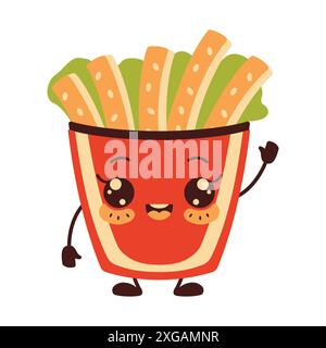 Cute French Fries Junk Food Cartoon Character with Happy Expression Stock Vector