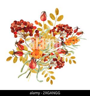 watercolor composition with rowan, flowers, branches, cones, Christmas tree, rowan, sea buckthorn, leaves, autumn set of elements. Watercolor illustra Stock Photo