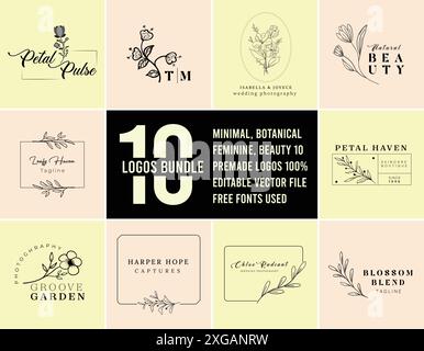 Logo templates with hand drawn branches and leaves in line art. Elegant vector floral frame, wreath for label, corporate identity, wedding invitation, Stock Vector