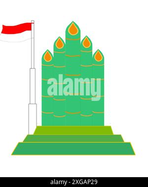 Illustration of a 5-stacked bamboo monument with the Indonesian flag on the right. Stock Vector