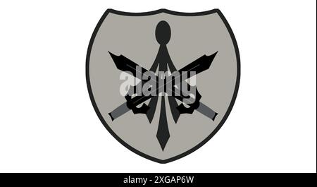 An illustration of a shield containing 2 sword blades with leaf-shaped ornaments on the back. Stock Vector