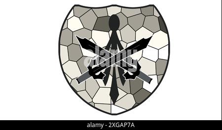An illustration of a shield containing 2 sword blades with leaf-shaped ornaments on the back. Stock Vector