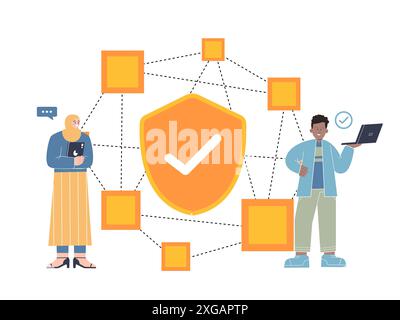 dApps decentralized applications software with block chain technology connected spread Stock Vector