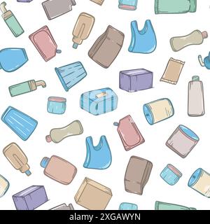 Seamless pattern with different types of packaging. Background with paper bags, bottles, containers, boxes, packaging. Print with products vector Stock Vector