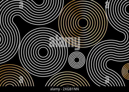 Abstract white lines circles on black background, linear swirls path vector banner template Stock Vector
