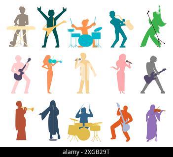 People musicians color silhouettes playing different music instruments Stock Vector