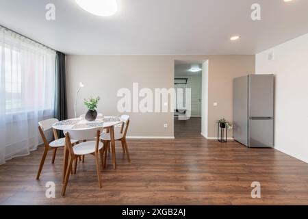 Modern Home Living Room Interior, Fridge in Background. Stylish Modern Apartment. Open Space, Coffee Table, Scandinavian Design. Windows and Curtains. Stock Photo