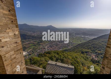 The magnificent view point on the Susa Valley taken from The Sacra of San Michele, province of Turin, Piedmont, Italy Stock Photo