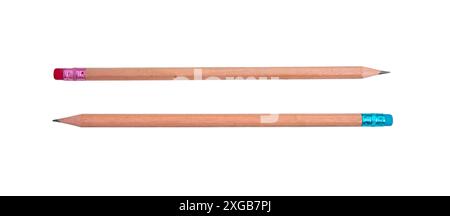 Pencils natural wood with erasers isolated on white, transparent, top view Stock Photo
