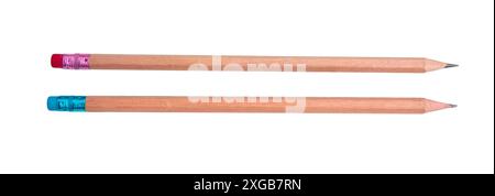 Pencils natural wood with erasers isolated on white, transparent, top view Stock Photo