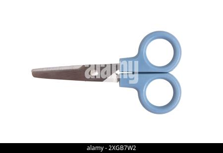 School scissors closed, blue handle isolated on white, transparent Stock Photo