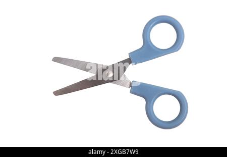 School scissors open, blue handle isolated on white, transparent Stock Photo