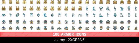 100 armor icons set. Color line set of armor vector icons thin line color flat on white Stock Vector