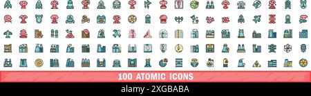 100 atomic icons set. Color line set of atomic vector icons thin line color flat on white Stock Vector