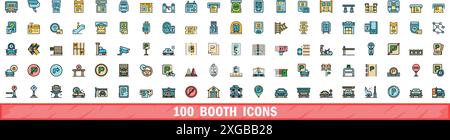 100 booth icons set. Color line set of booth vector icons thin line color flat on white Stock Vector