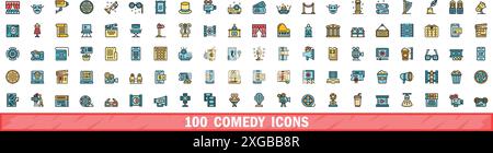 100 comedy icons set. Color line set of comedy vector icons thin line color flat on white Stock Vector