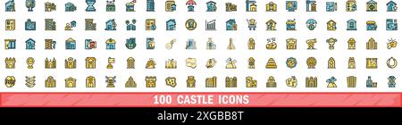 100 castle icons set. Color line set of castle vector icons thin line color flat on white Stock Vector