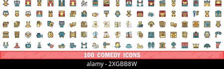 100 comedy icons set. Color line set of comedy vector icons thin line color flat on white Stock Vector