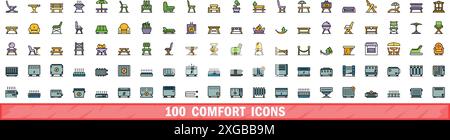 100 comfort icons set. Color line set of comfort vector icons thin line color flat on white Stock Vector