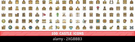 100 castle icons set. Color line set of castle vector icons thin line color flat on white Stock Vector