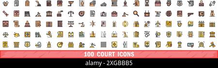 100 court icons set. Color line set of court vector icons thin line color flat on white Stock Vector