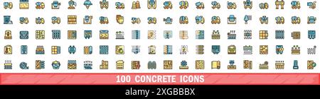 100 concrete icons set. Color line set of concrete vector icons thin line color flat on white Stock Vector