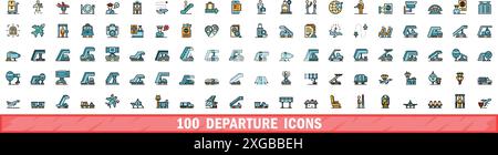 100 departure icons set. Color line set of departure vector icons thin line color flat on white Stock Vector
