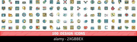 100 design icons set. Color line set of design vector icons thin line color flat on white Stock Vector