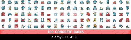 100 concrete icons set. Color line set of concrete vector icons thin line color flat on white Stock Vector