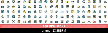100 disk icons set. Color line set of disk vector icons thin line color flat on white Stock Vector