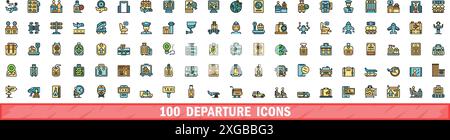 100 departure icons set. Color line set of departure vector icons thin line color flat on white Stock Vector