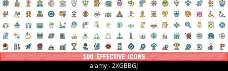 100 effective icons set. Color line set of effective vector icons thin line color flat on white Stock Vector