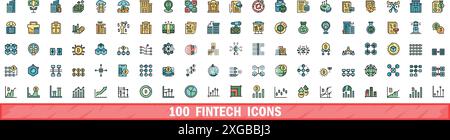 100 fintech icons set. Color line set of fintech vector icons thin line color flat on white Stock Vector